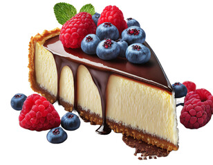 Portion of cheesecake with chocolate icing with raspberries and blueberries on a transparent background