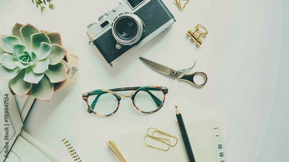 Poster feminine desk workspace with succulent retro camera scissors diary glasses and golden clips on white background flat lay top view : Generative AI