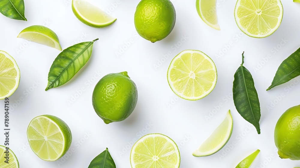 Poster lime fruits with slices and green leaves isolated on white background top view flat lay : generative