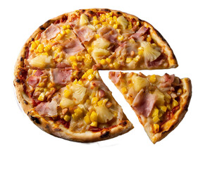 Pizza hawajska z ananasem, kukurydzą i szynką na przezroczystym tle - obrazy, fototapety, plakaty