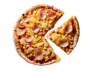 Hawaiian pizza with pineapple, corn and ham on a transparent background