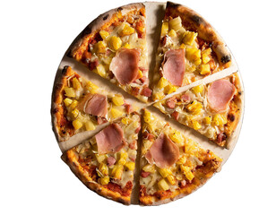 Hawaiian pizza with pineapple, corn and ham on a transparent background