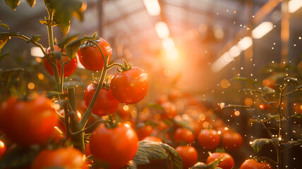 Glowing Sunset Rays Illuminating Ripe Tomatoes on Vine in Farm Garden