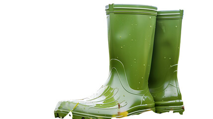 Green rubber boots gardening tool equipment. Spring concept for home garden work or vegetable garden and plant care. Also useful for rain. Front view isolated on white background with clipping  