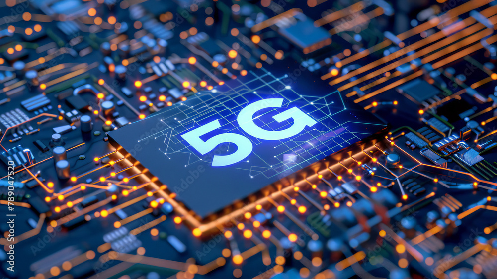 Poster concept cpu microchip with 5g ai and data network. close-up view of modern chip gpu card with circui