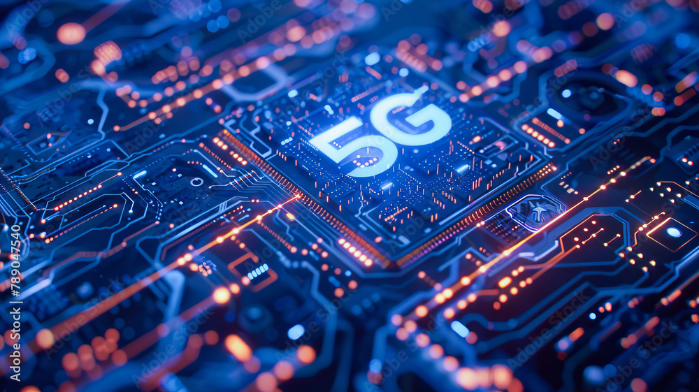 Poster concept cpu microchip with 5g ai and data network. close-up view of modern chip gpu card with circui
