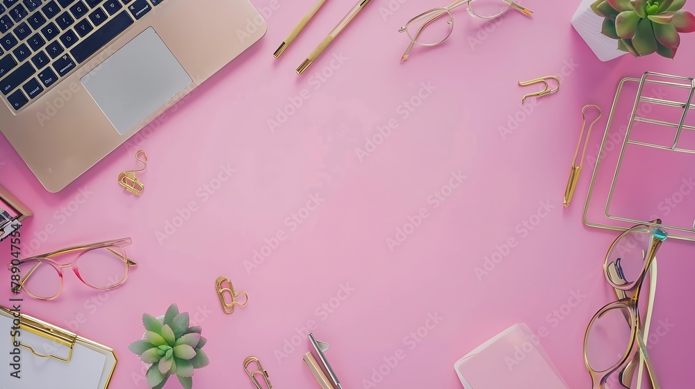 Poster flat lay top view office table desk frame feminine desk workspace with succulent laptop glasses diar