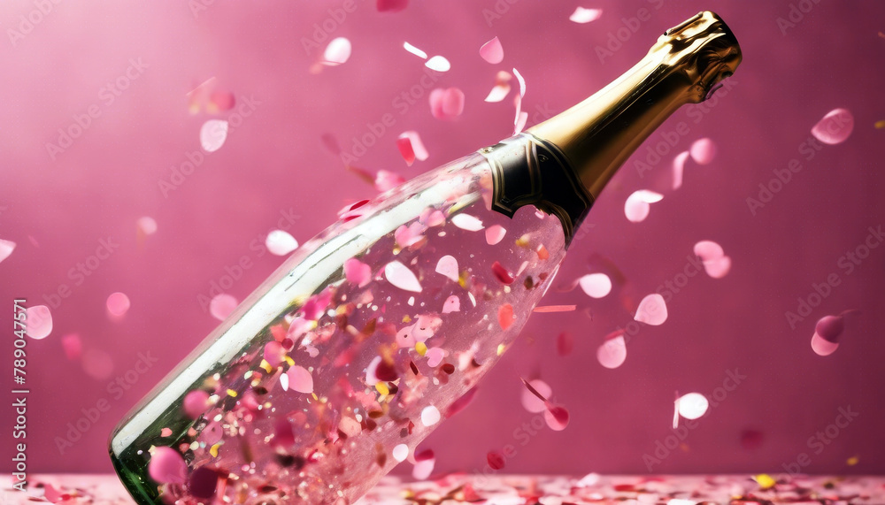 Wall mural pink hearts bottle champagne confetti out popping champaign pastel bottle valentine february 14 cele