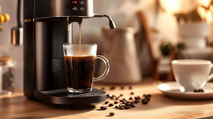Golden Sunrise Espresso: Fresh Coffee Pouring from Coffeemaker Machine into Cup, warm toning.