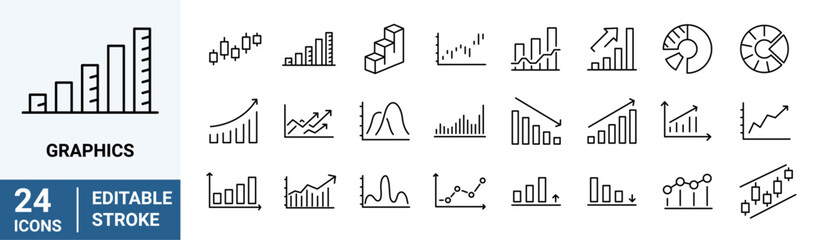 Graphs and charts web line icons. data elements, bar and pie, diagrams for business infographics. visualization of data statistic and analytics. vector illustration