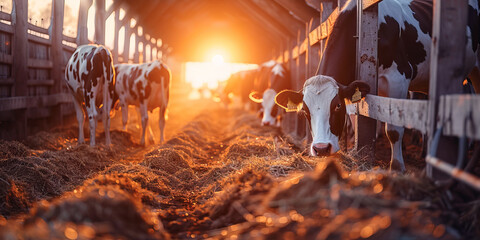 Cows stand in row and Feeding in Barn, sunlight. Dairy farm livestock industry banner.