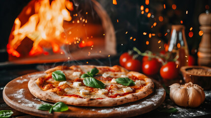 Freshly Baked Margherita Pizza with Basil and cheese in Front of burning wood oven and elements of ingredients.