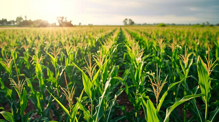 Landscape view of green corn field with sunrise in the background