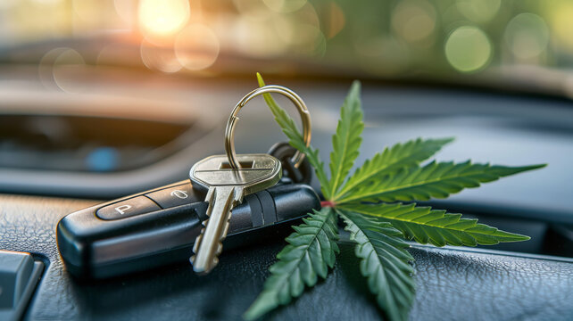 Cannabis marijuana Leaf and Car Keys, Representing Driving Under Influence. Concept dealership, transportation of drugs, hemp and leaves.