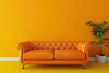 Fototapeta na wymiar 3d rendering of an orange leather sofa in a minimally designed interior with a yellow wall background mock-up.