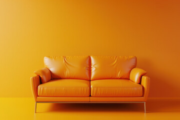 3d rendering of an orange leather sofa in a minimally designed interior with a yellow wall background mock-up.