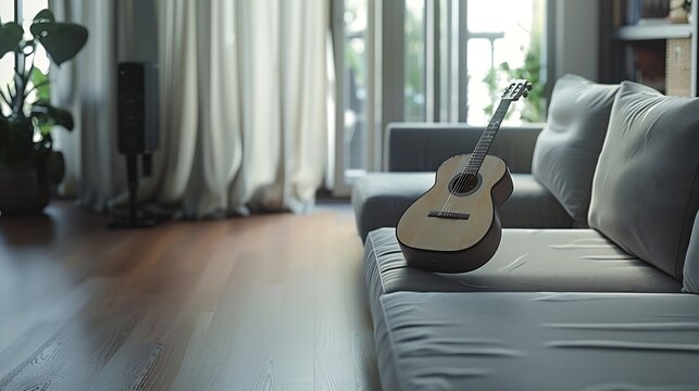Minimalistic interior design concept Acoustic guitar on grey textile sofa in spacious room of loft style apartment with wood textured laminated flooring Background copy space close up : Generative AI