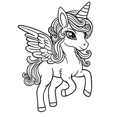 Happy Unicorn Coloring Page, Beautiful Cartoon Fairytale Cute Baby Unicorn,  Magic Pony, Unicorn Outline Illustration 