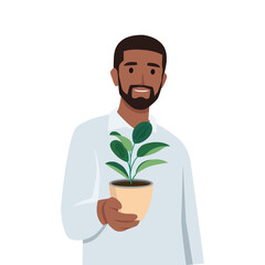 Young black man holding plant. Flat vector illustration isolated on white background