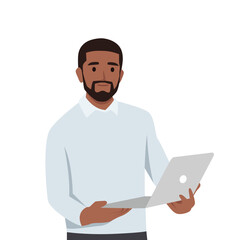 Young black man holding laptop computer and smiling while standing. Flat vector illustration isolated on white background