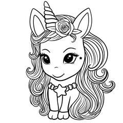 Happy Unicorn Coloring Page, Beautiful Cartoon Fairytale Cute Baby Unicorn,  Magic Pony, Unicorn Outline Illustration 