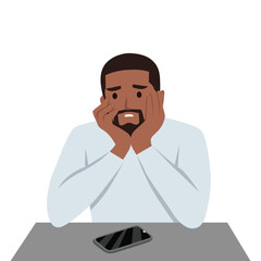 Young black man sitting holding his face with a bored face because there is no activity. Flat vector illustration isolated on white background
