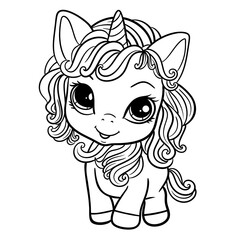 Happy Unicorn Coloring Page, Beautiful Cartoon Fairytale Cute Baby Unicorn,  Magic Pony, Unicorn Outline Illustration 