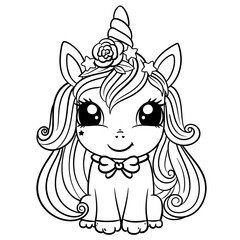 Happy Unicorn Coloring Page, Beautiful Cartoon Fairytale Cute Baby Unicorn,  Magic Pony, Unicorn Outline Illustration 