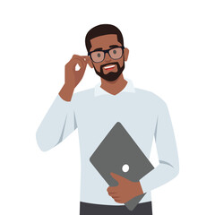 Young black man with laptop holding glasses. Flat vector illustration isolated on white background