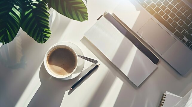 Flat lay photo of office desk with laptop tablet notebook and coffee : Generative AI