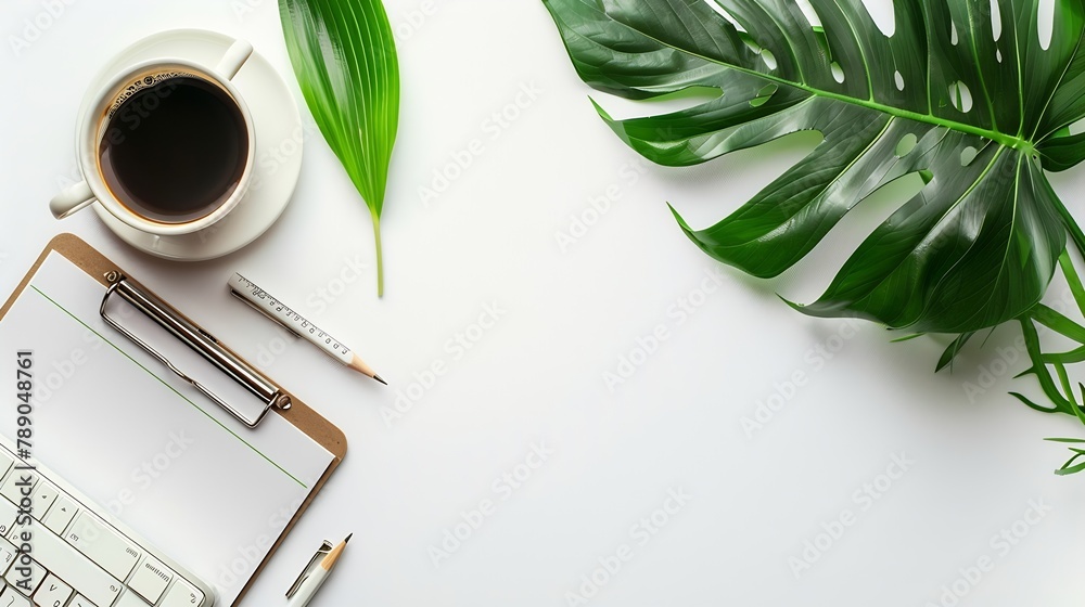 Poster flat lay top view office table desk workspace with blank clip board keyboard office supplies pencil 