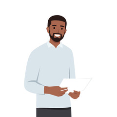 Young black man holding paper document on his hand. Flat vector illustration isolated on white background
