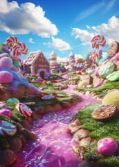 A whimsical candy land with lollipops, chocolate bars and marshmallows as buildings