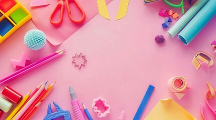 Pink pastel background with various colorful material for creativity and art activity  Stationery and supplies for drawing and craft with 
copy space  Primary School or kindergarten : Generative AI - Powered by Adobe