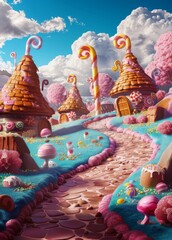 A whimsical candy land with lollipops, chocolate bars and marshmallows as buildings
