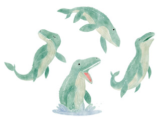Mosasaurus . Cute dinosaur cartoon characters . Watercolor paint design . Set 8 of 20 . Vector .