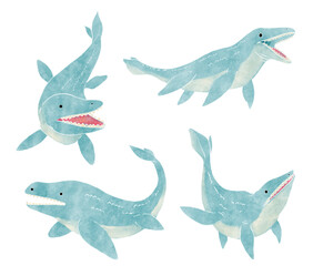 Mosasaurus . Cute dinosaur cartoon characters . Watercolor paint design . Set 7 of 20 . Vector .