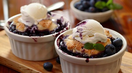 two blueberry cobblers with ice cream and extra blueberries