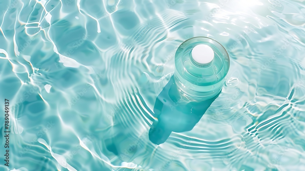 Poster skin care product mock up on water surface water ripples from top angle flat lay of ocean waves with