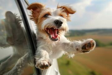 Happy excited yorkshire terrier head out of window car traveling, summer holiday concept.
