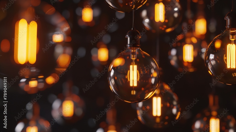 Poster classic sphere lighting bulbs are glowing in orange warming shade there are hanging from ceiling in 