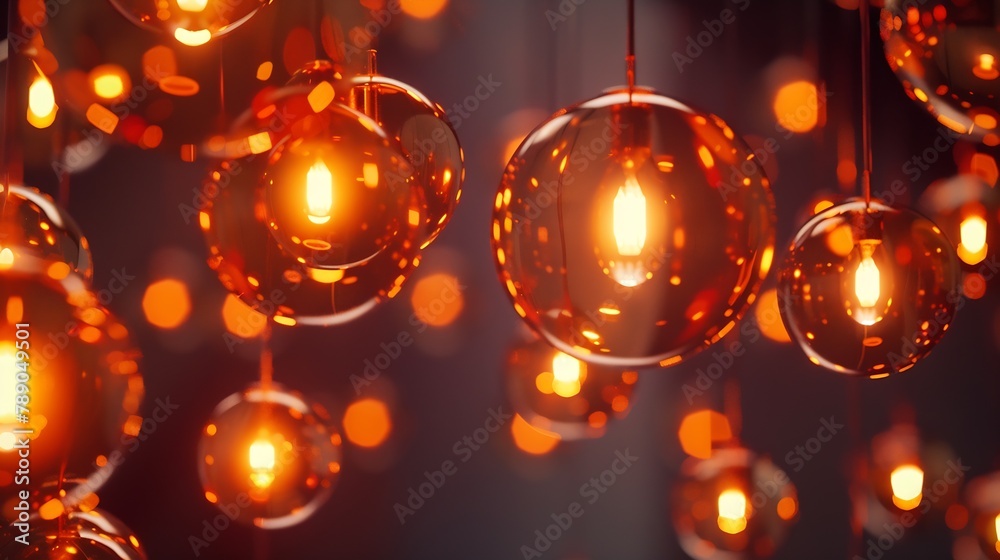 Poster classic sphere lighting bulbs are glowing in orange warming shade there are hanging from ceiling in 