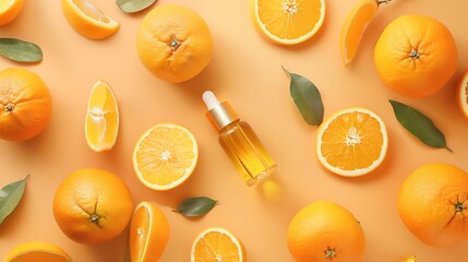 Natural orange essential oil in bottle and cut oranges fruit on  orange background table Citrus oil...