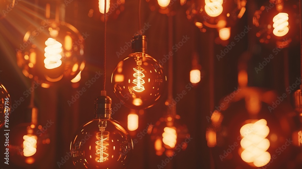 Poster classic sphere lighting bulbs are glowing in orange warming shade there are hanging from ceiling in 