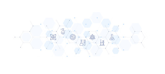 Science banner vector illustration. Style of icon between. Containing science, flask, atom, research, testtube, petridish.