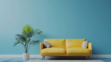 3d rendering of a yellow leather sofa and plant with blue wall background interior design. minimal...