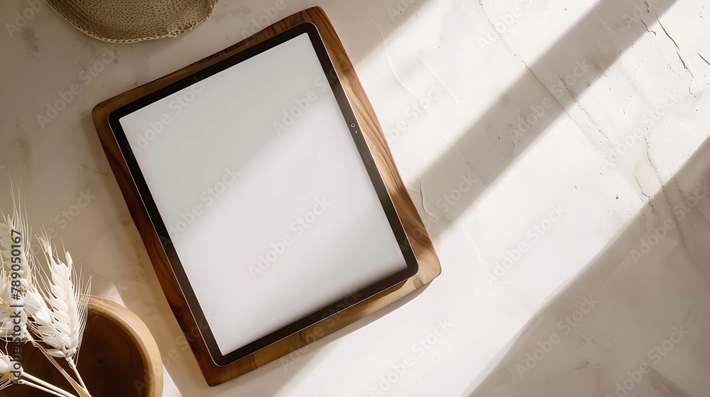 Leinwandbilder flatlay of blank screen tablet notebooks clips in wooden bowl straw stand on beige concrete backgrou