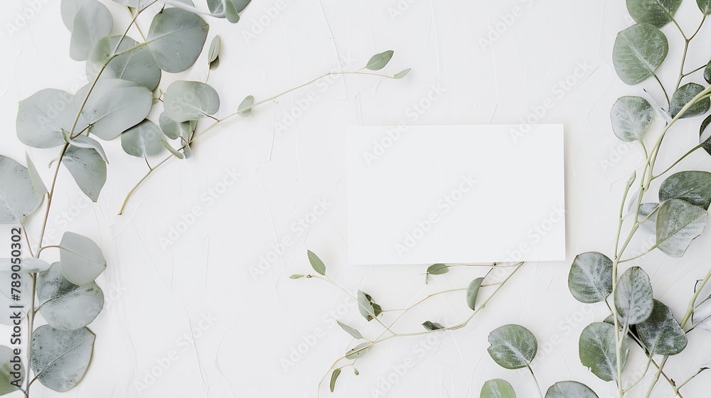Aufkleber Feminine wedding desktop mockup with blank paper card and Eucalyptus populus branch on  white shabby table background Empty space Styled stock photo web banner Flat lay top view : Generative AI