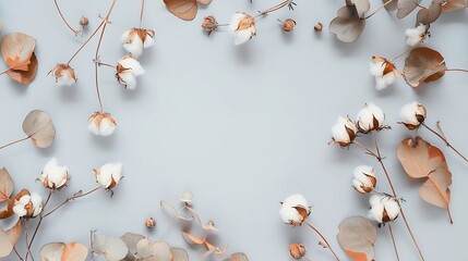 Autumn composition Frame made of eucalyptus branches cotton flowers dried leaves on pastel gray background Autumn fall concept Flat lay top view copy space : Generative AI