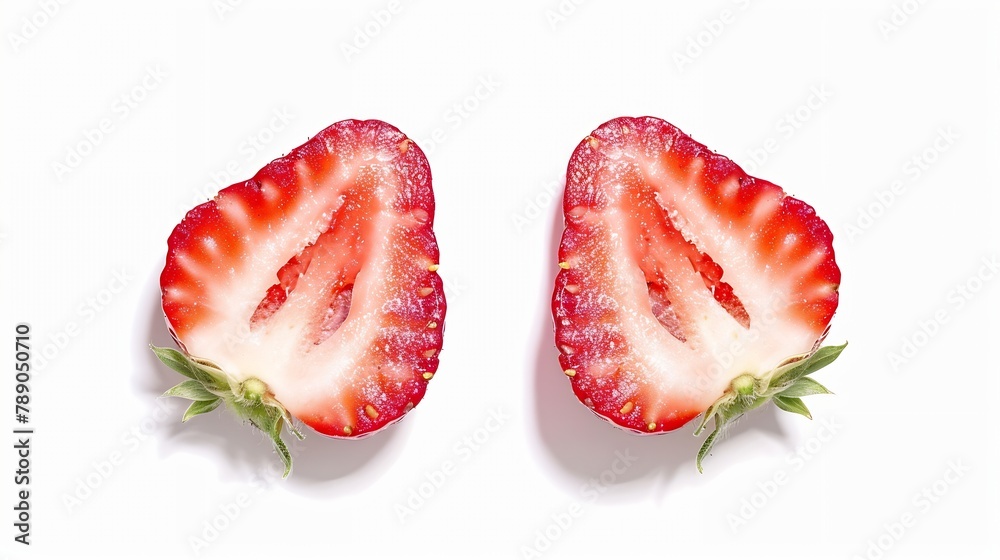 Leinwandbilder top view of fresh red strawberries slice isolated on white background summer berries textured backgr